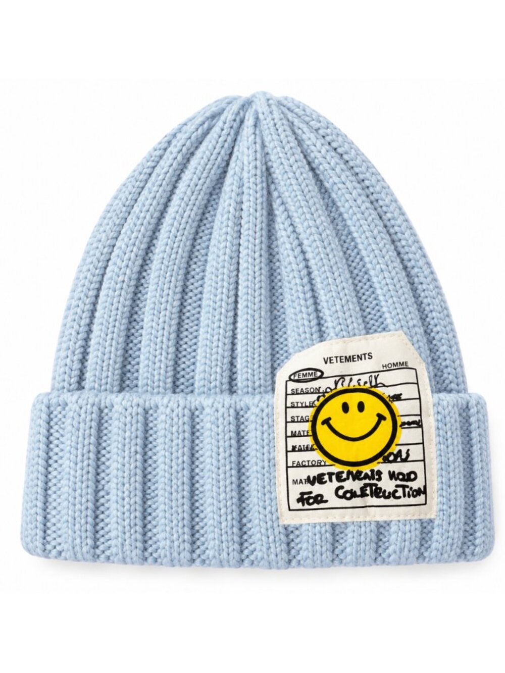 Smiley Patch Ribbed Beanie-B Blue